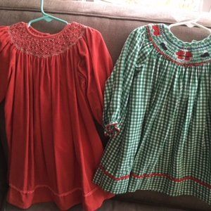 Bundle of 2 smocked Christmas/Winter dresses 2T